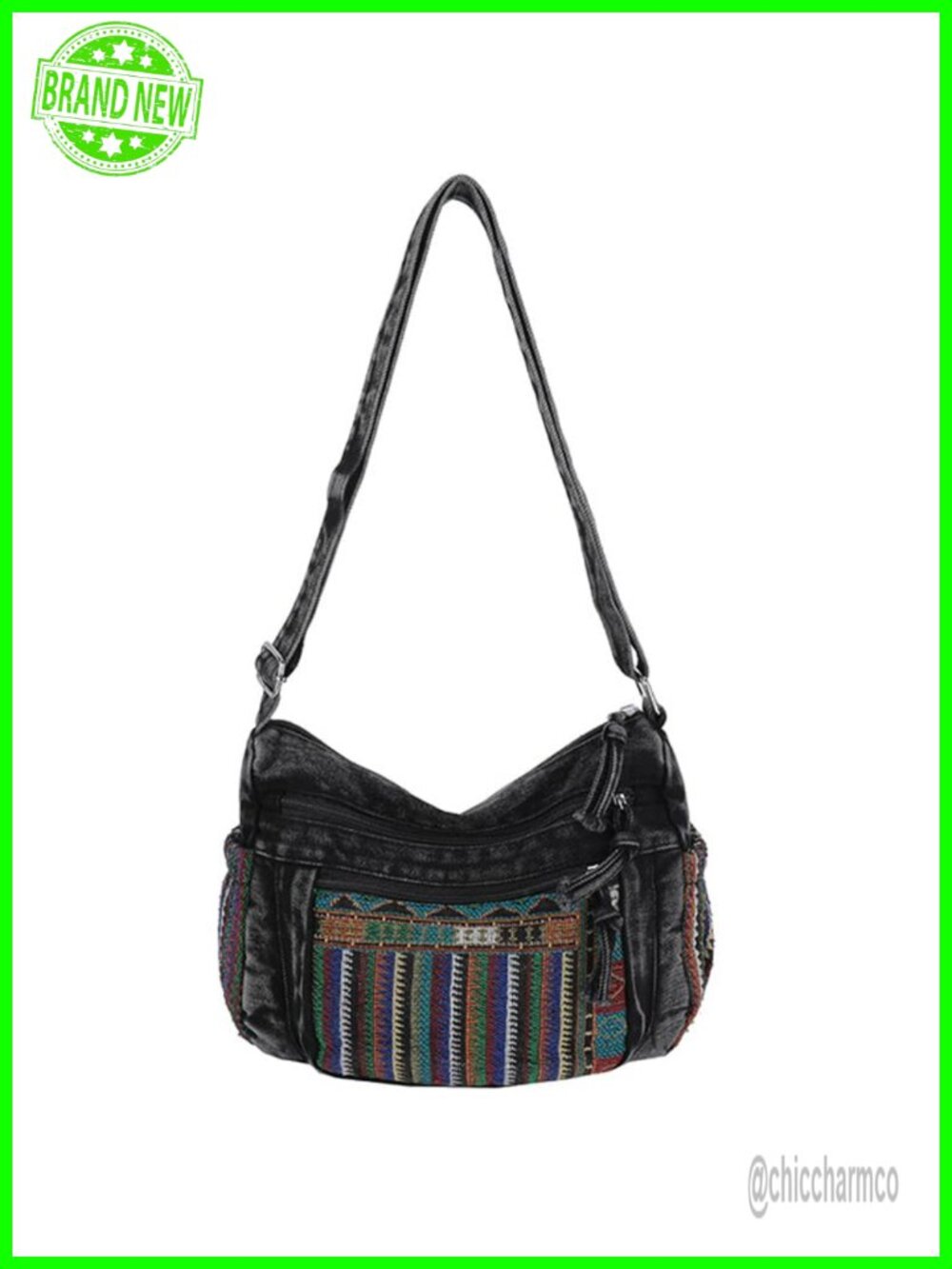 Bohemian Embroidered Denim Crossbody Bag Multi Pocket Adjustable Strap